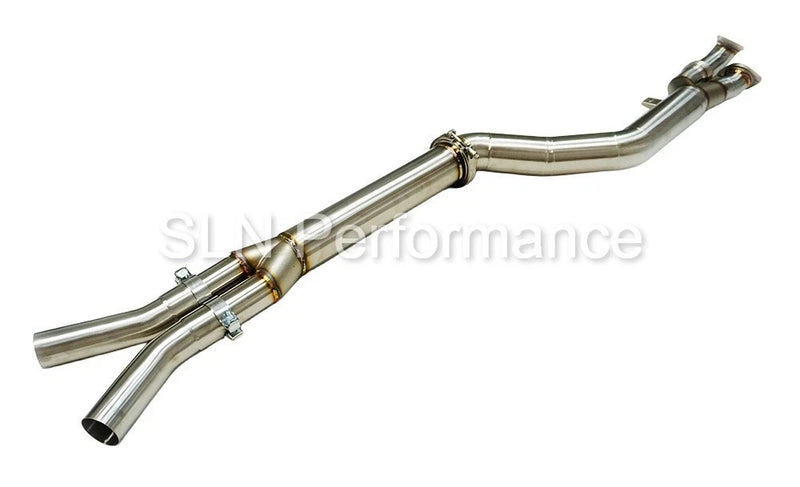 Load image into Gallery viewer, SLN 4" BMW S58 M3 G80 M4 G82 X3M X4M LCI Non-Resonated Stainless Steel Single Mid Pipe with Under-Brace
