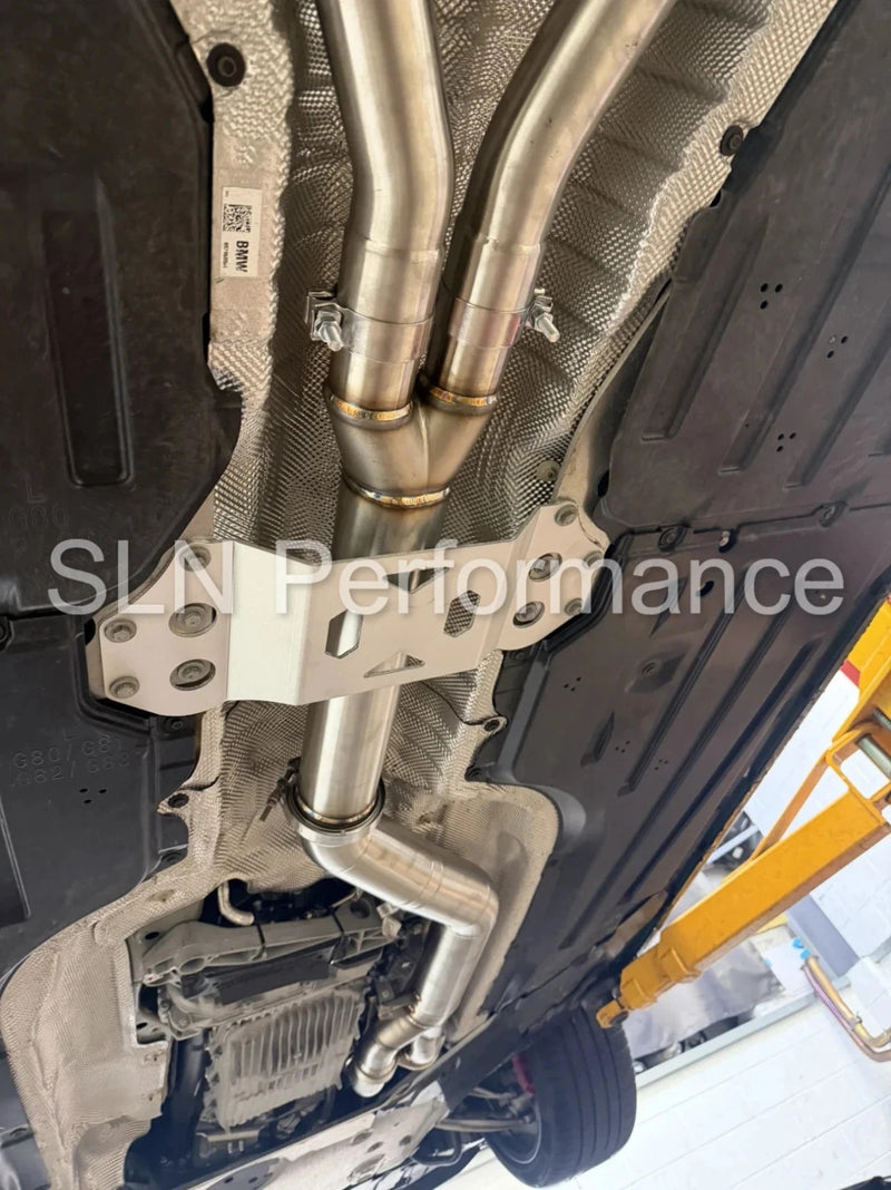 Load image into Gallery viewer, SLN 4" BMW S58 M3 G80 M4 G82 X3M X4M LCI Non-Resonated Stainless Steel Single Mid Pipe with Under-Brace
